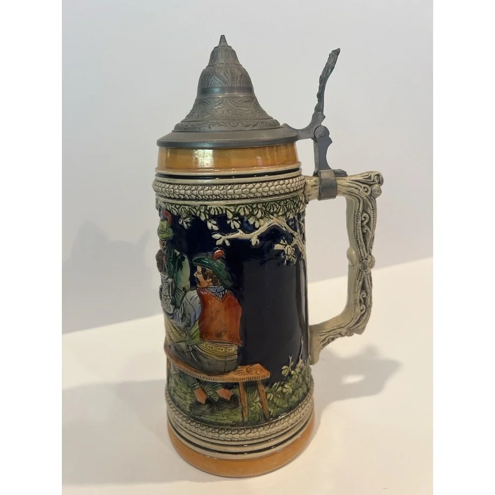 Vintage German Lidded Stein with Tavern Scene,‎ Ornate Handle & Lid, Breweriana